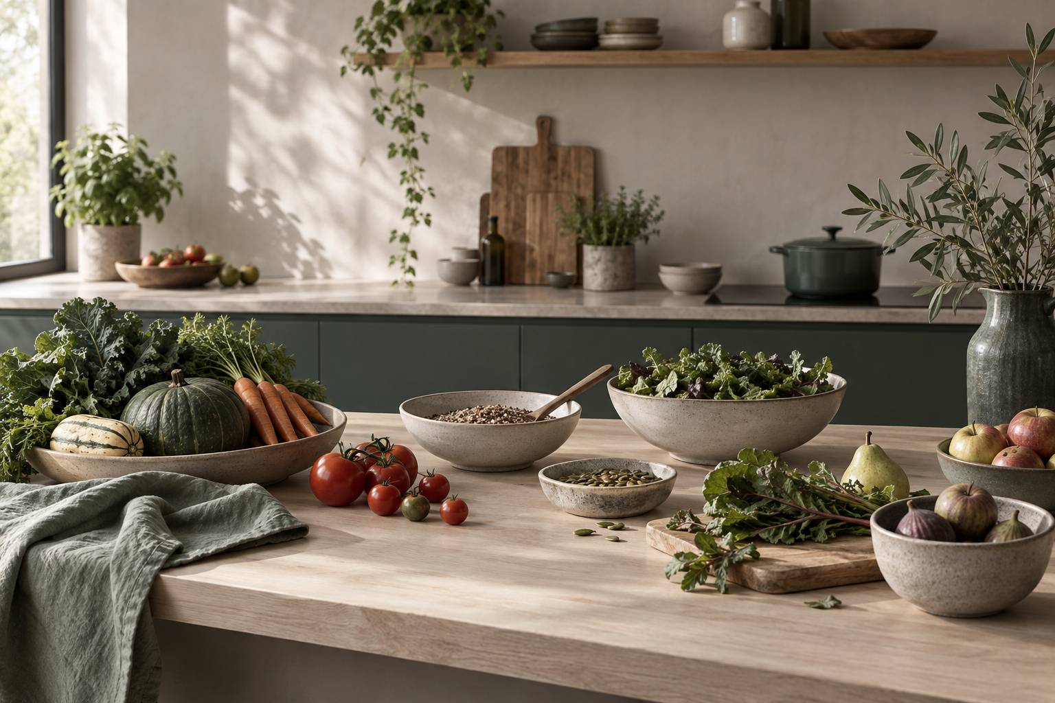 Assiette équilibrée de légumes, légumineuses et céréales complètes sur une table