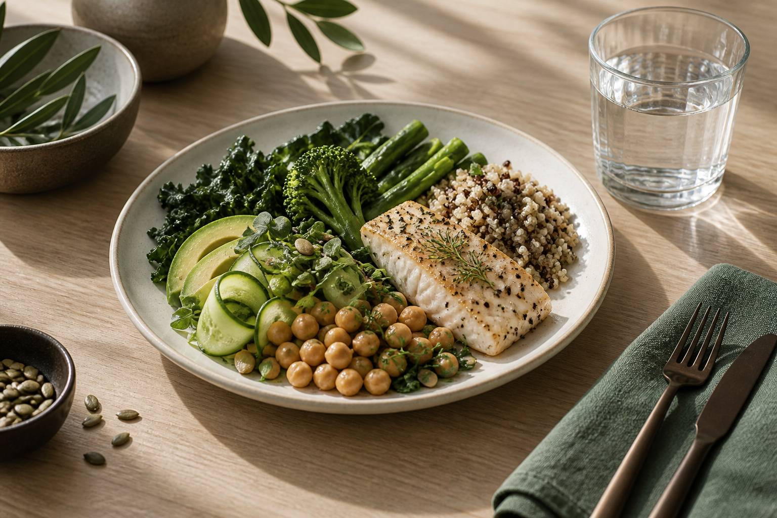 Assiette équilibrée de légumes, légumineuses et céréales complètes sur une table