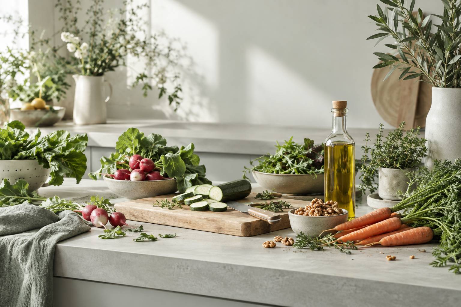 Légumes frais, noix et huile d'olive sur un plan de travail de cuisine