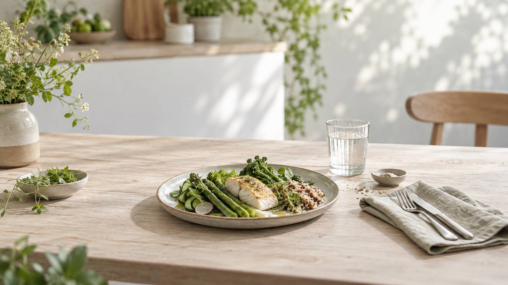 Assiette équilibrée avec légumes, poisson et céréales complètes sur une table claire