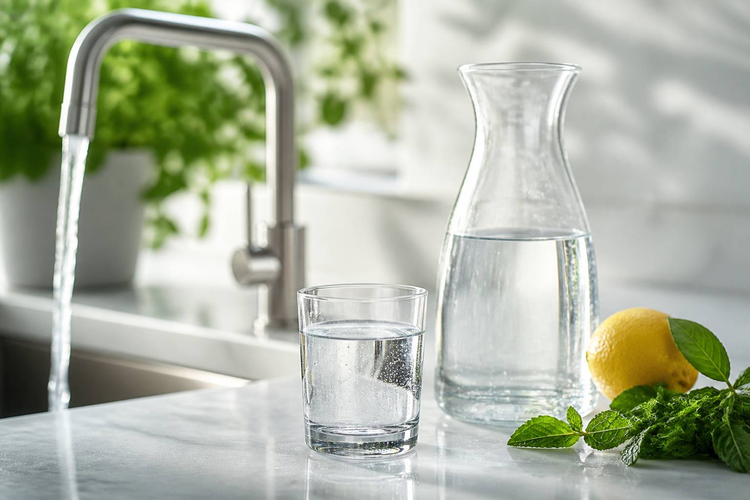 Verre d'eau près d'un robinet et carafe en verre sans étiquette sur un plan clair