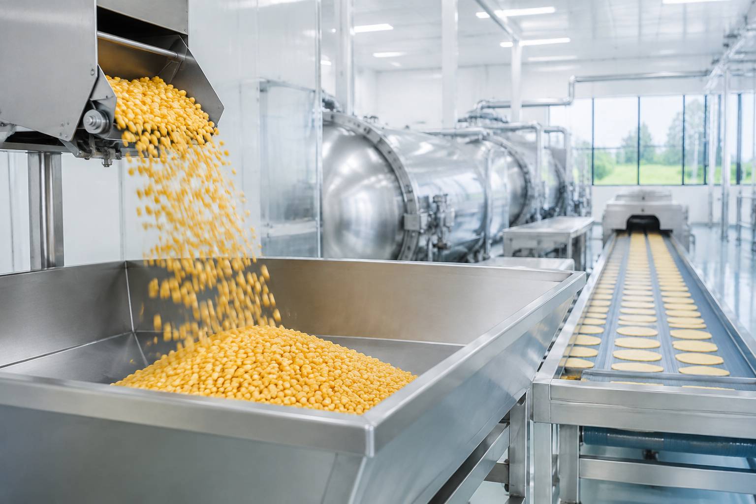 Grains de maïs déversés dans une trémie sur une ligne de fabrication de céréales sans marque
