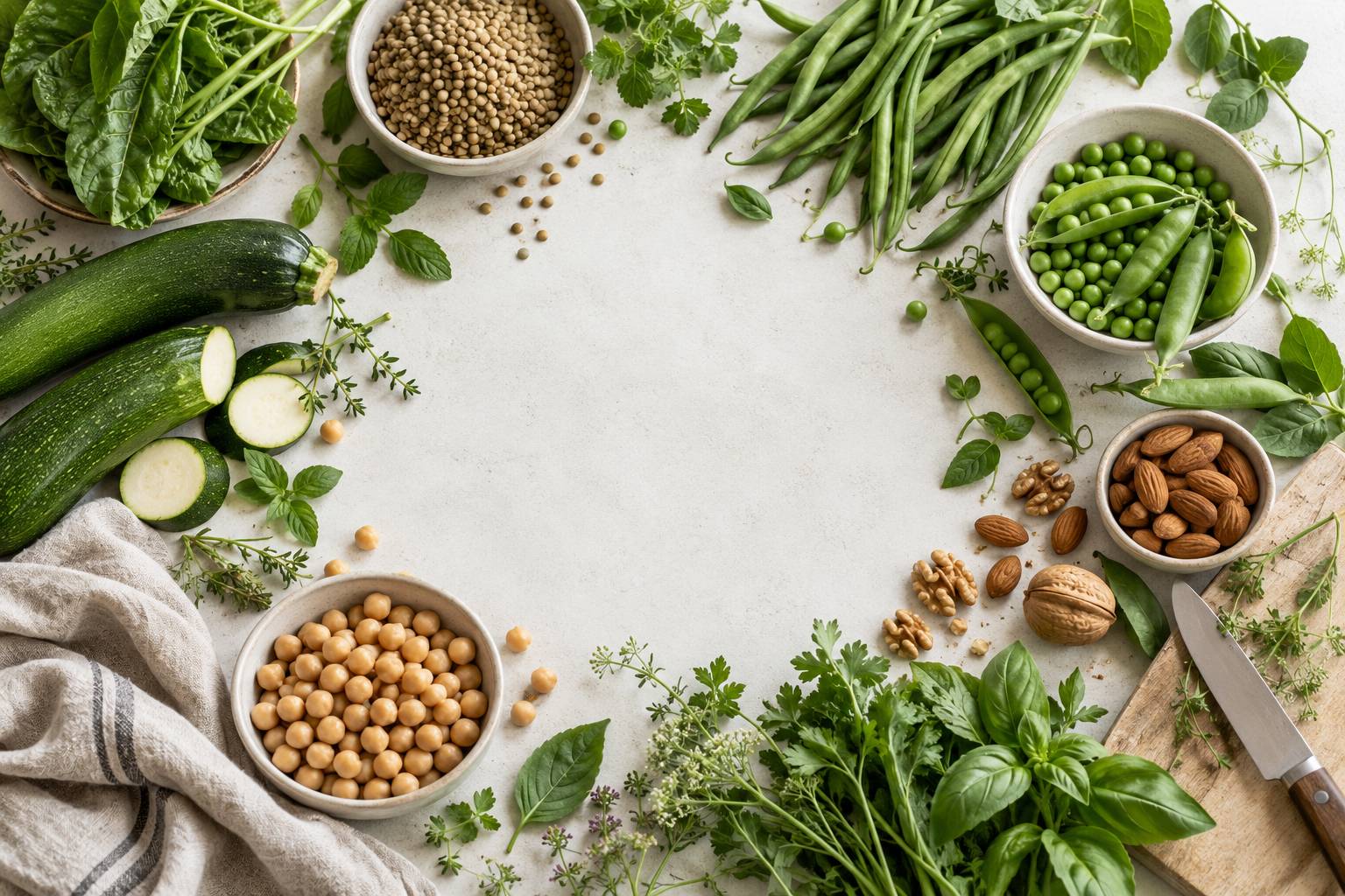 Legumes verts, legumes secs et fruits secs disposes sur un plan de travail
