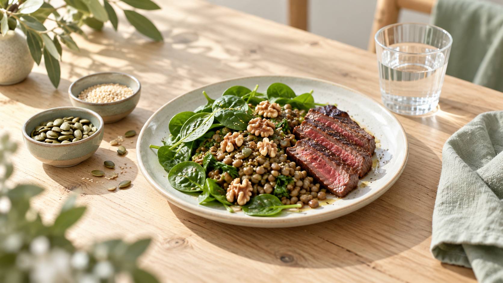 Assiette d'aliments riches en fer avec epinards, lentilles et noix