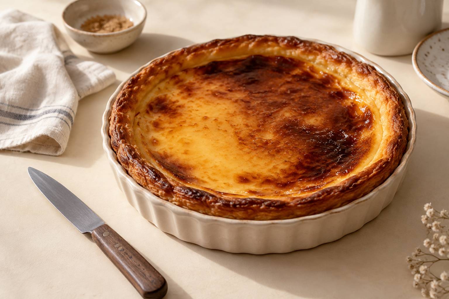 Flan patissier dore dans son moule sur un plan de travail clair