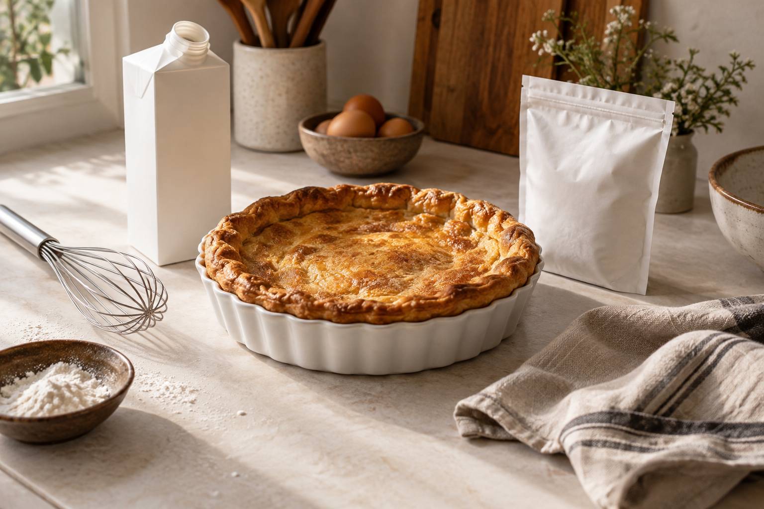 Moule a flan garni sur un plan de travail avec fouet et brique de lait