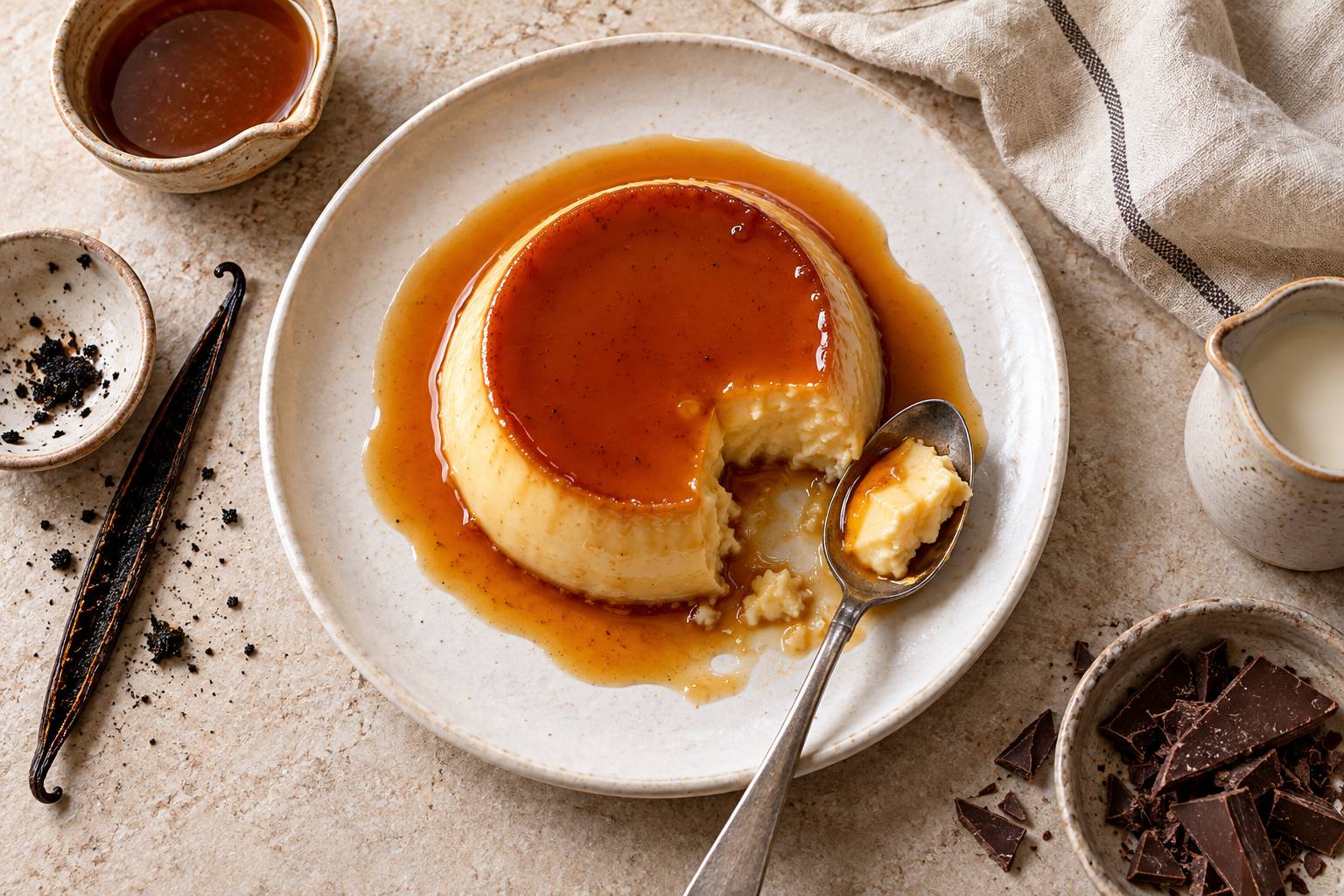 Flan onctueux sur une assiette blanche avec cuillere