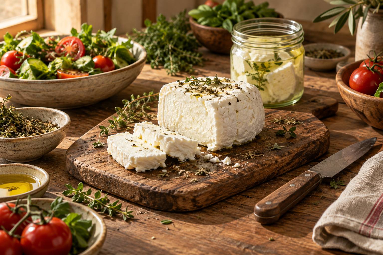 Bloc de fromage égoutté sur une planche avec bol de crudités
