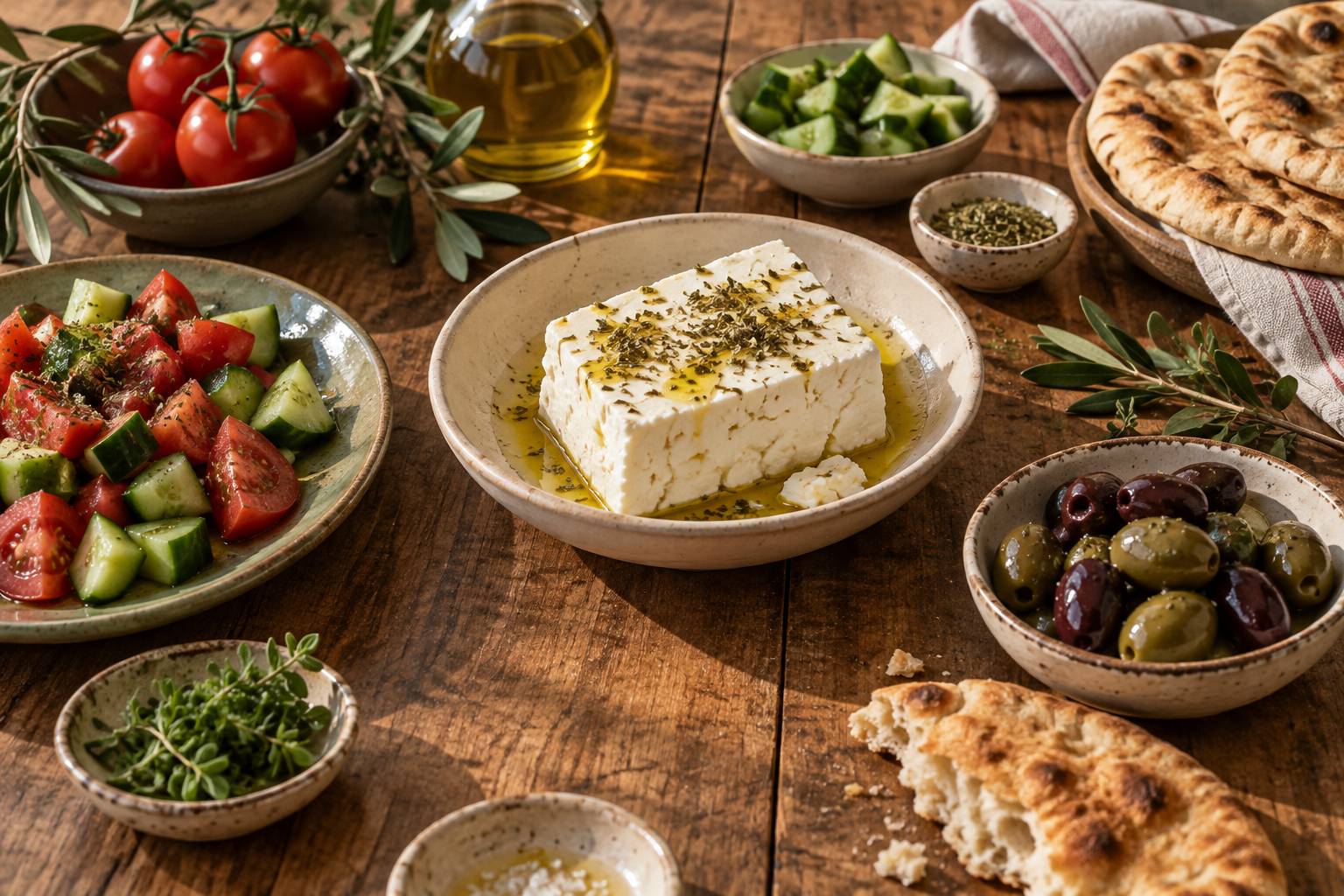 Fromage blanc en saumure avec crudités et olives sur une assiette