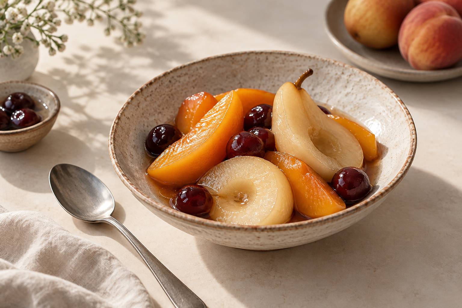 Coupe de fruits au sirop egouttes avec cuillere en inox sur une table claire