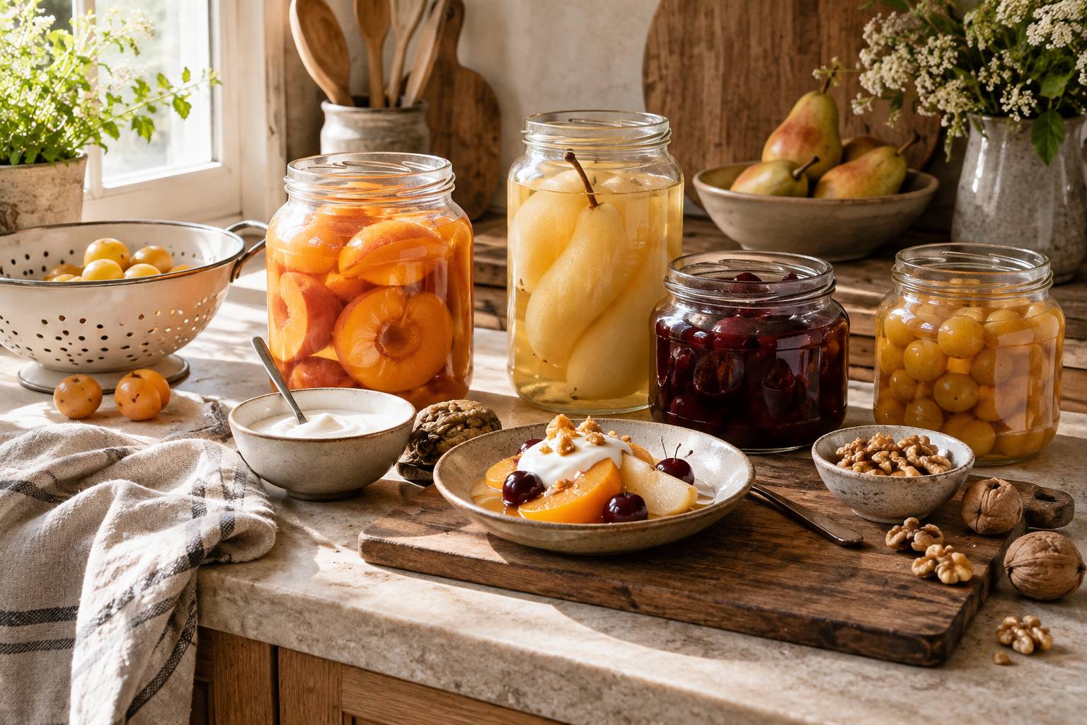 Bocaux de fruits au sirop ouverts avec passoire, yaourt nature et noix sur un plan de travail