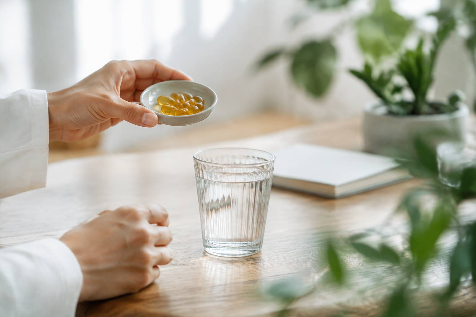 Mains tenant une coupelle de gélules dorées de berbérine près d'un verre d'eau