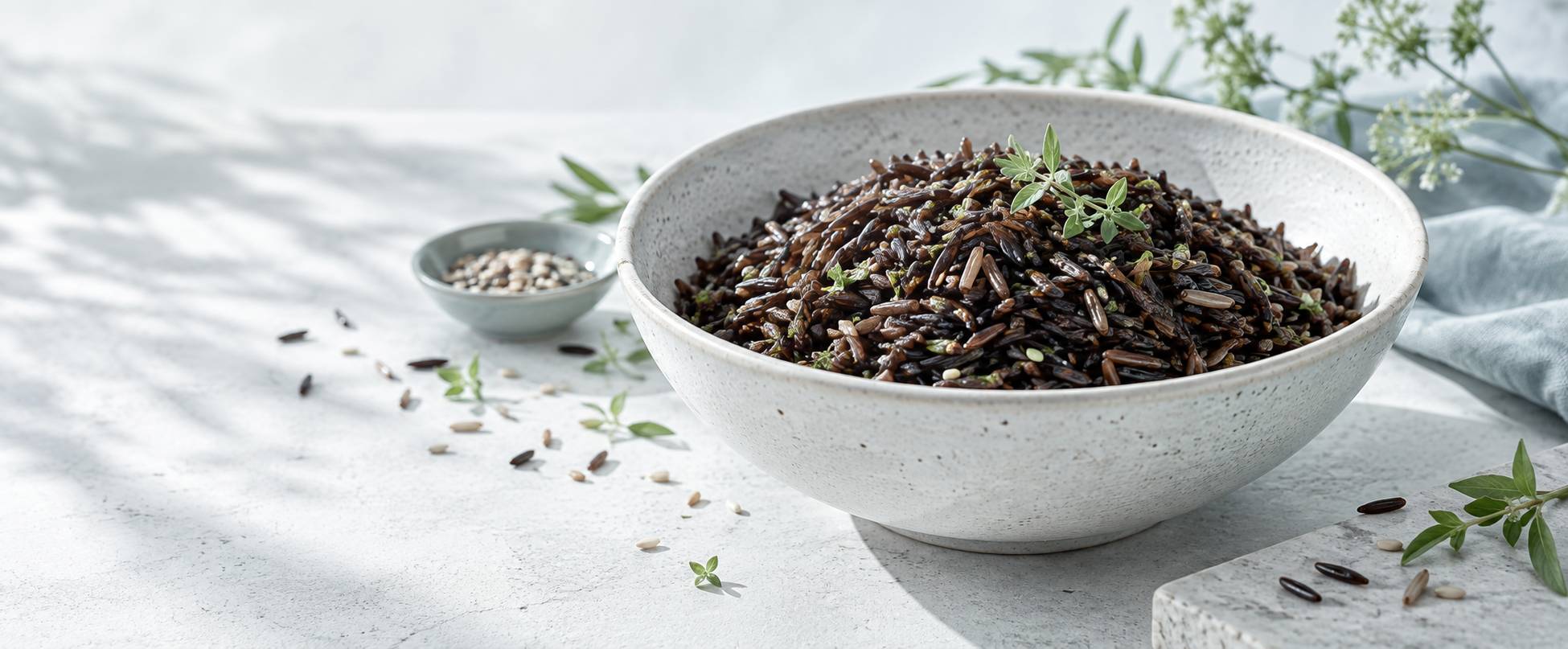Gros plan sur du riz sauvage cuit aux grains sombres dans un bol