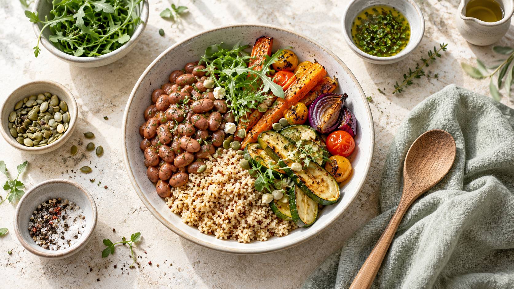 Assiette equilibree de haricots pinto, legumes et cereales