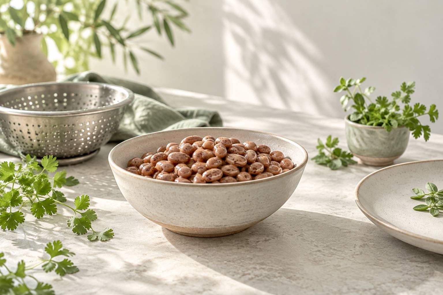 Bol de haricots pinto cuits et rinces avec une passoire sur un plan de cuisine