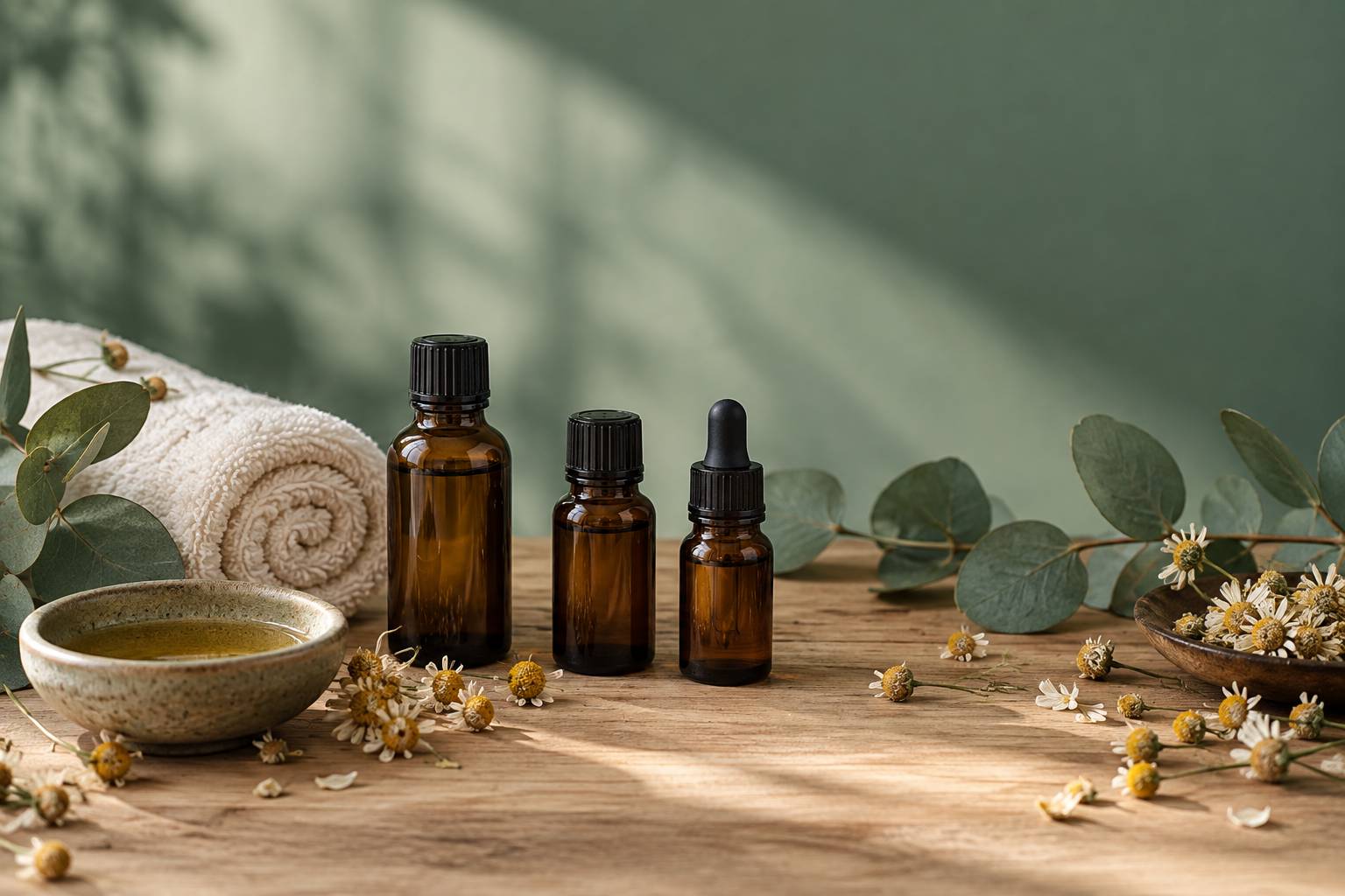 Flacons ambrés d'huiles essentielles avec fleurs de camomille pour massage apaisant