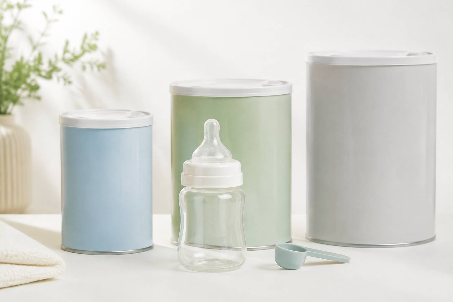 Trois boîtes de lait infantile génériques sans marque avec un biberon