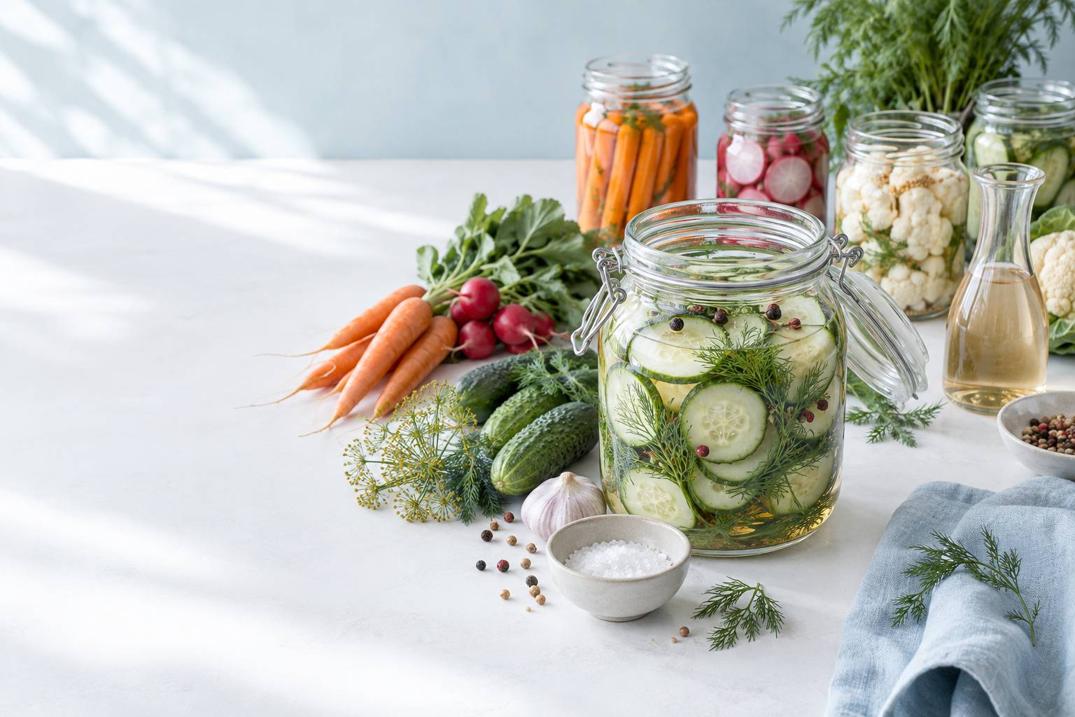Illustration éditoriale du sujet : Les secrets croquants des pickles : l'art de la conservation acidulée