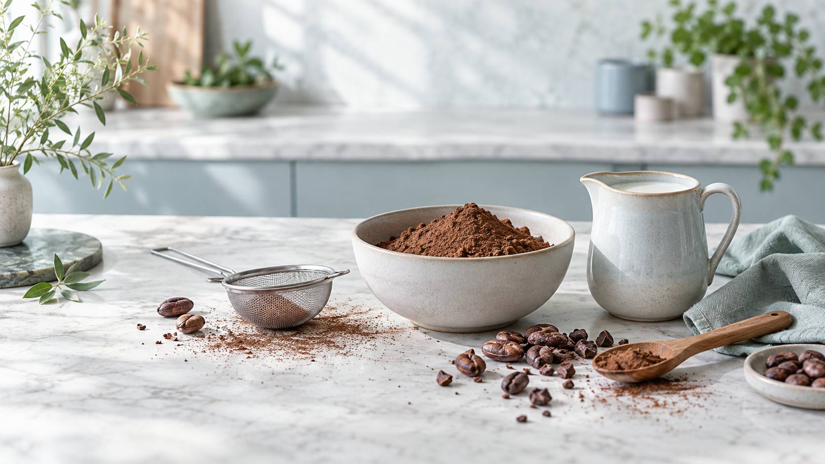 Poudre de cacao non sucree dans un bol avec feves et cuillere sur une table en bois