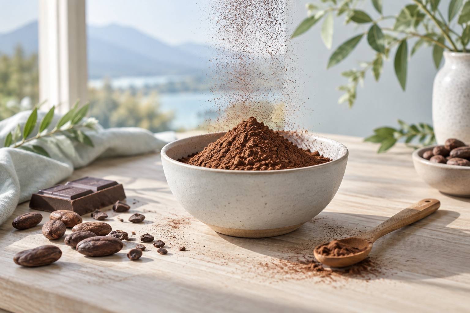 Poudre de cacao non sucree dans un bol avec feves et cuillere sur une table en bois