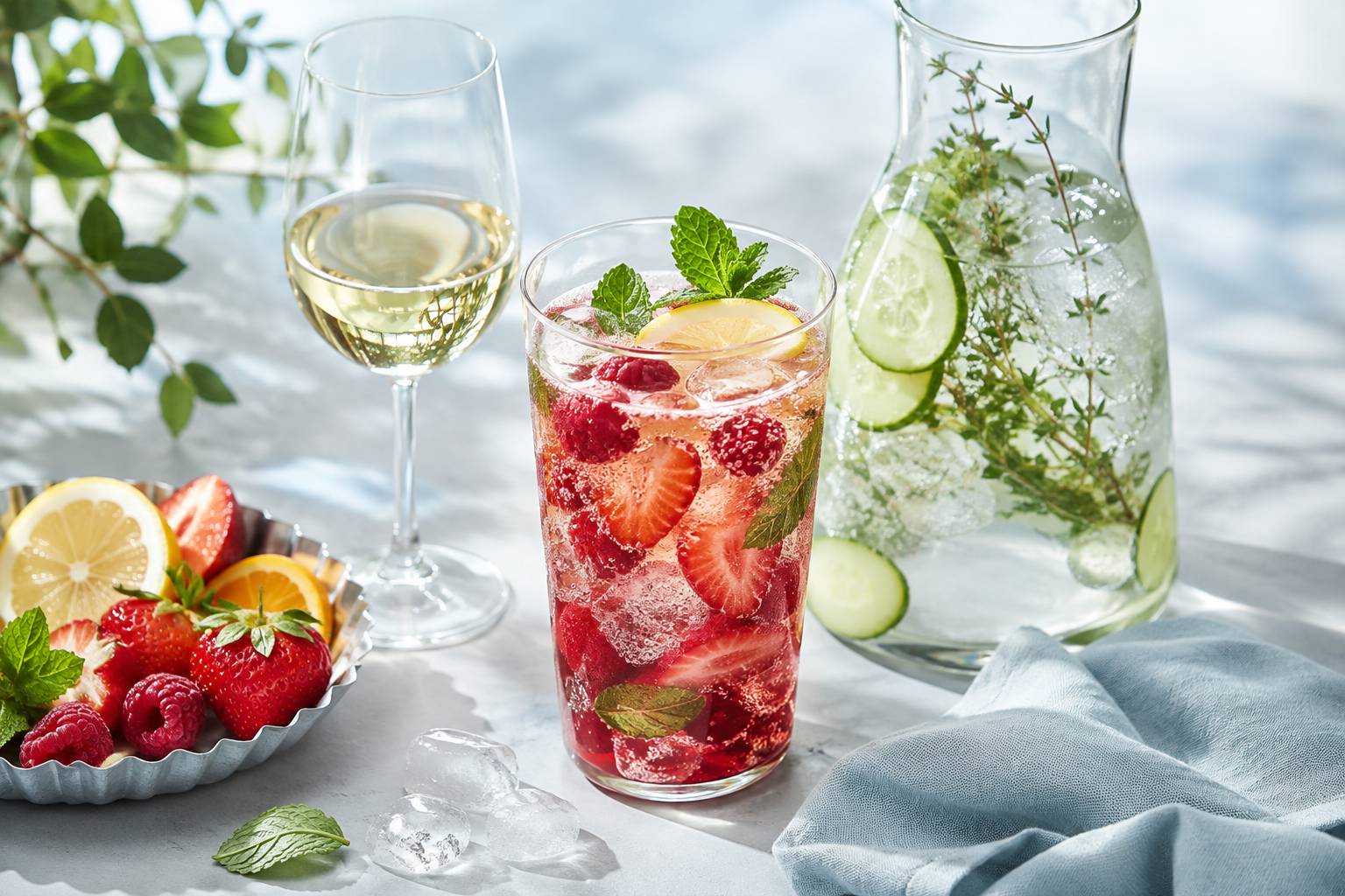 Mocktail pétillant aux fruits rouges et menthe avec verre de vin blanc et carafe d'eau aux herbes