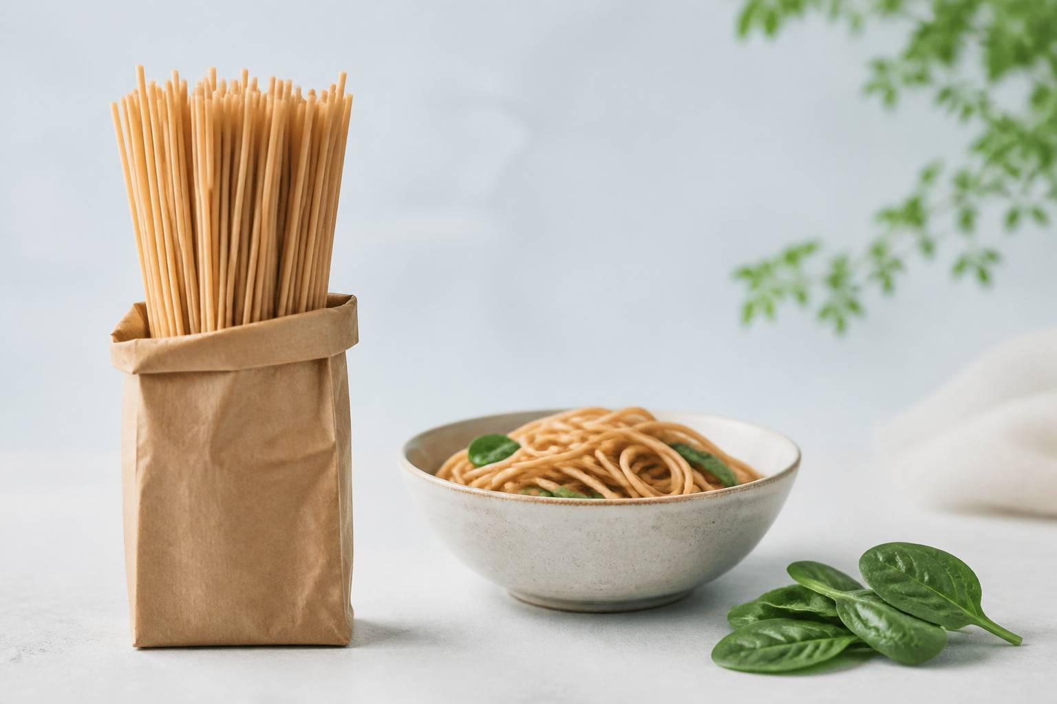 Paquet de pâtes complètes en emballage kraft avec bol de pâtes cuites et épinards