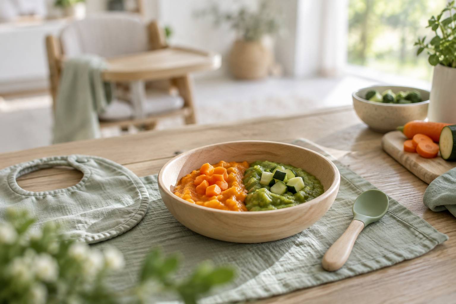 Assiette de puree de legumes et cuillere souple sur une table de bebe