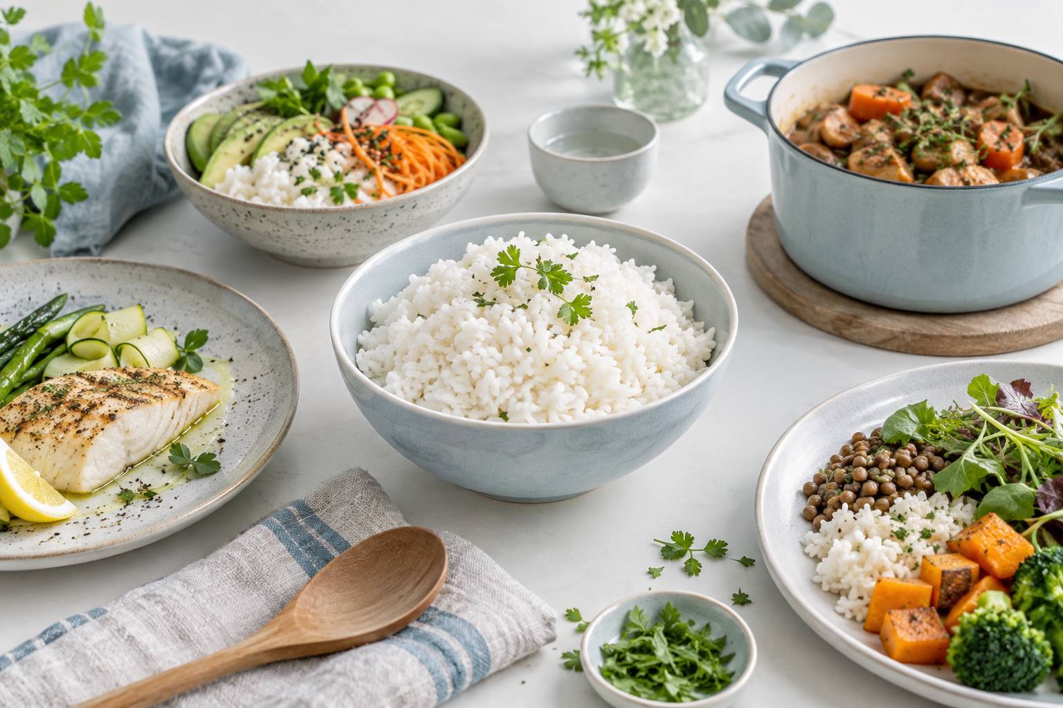 Illustration éditoriale du sujet : Riz blanc à grain moyen : guide de cuisson parfait