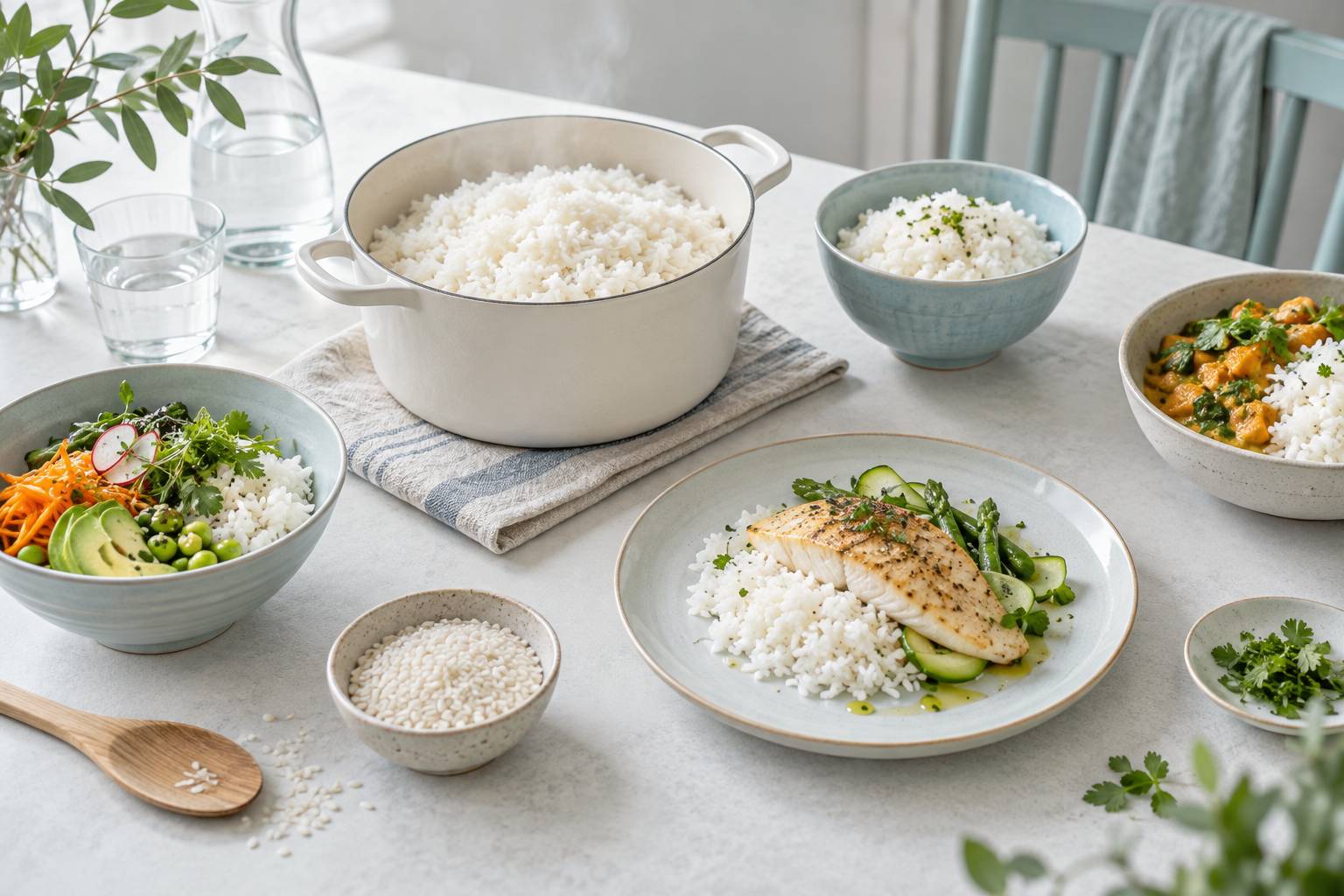 Illustration éditoriale du sujet : Riz blanc à grain moyen : guide de cuisson parfait