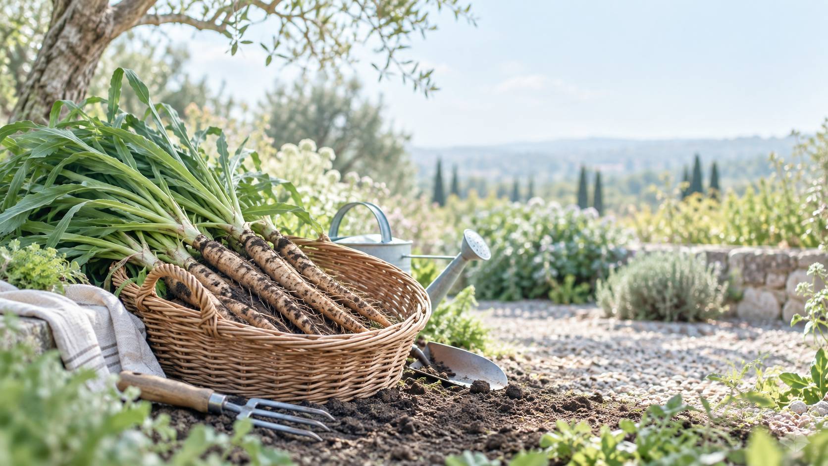 Panier en osier de racines de salsifis fraîches sur un sol de jardin
