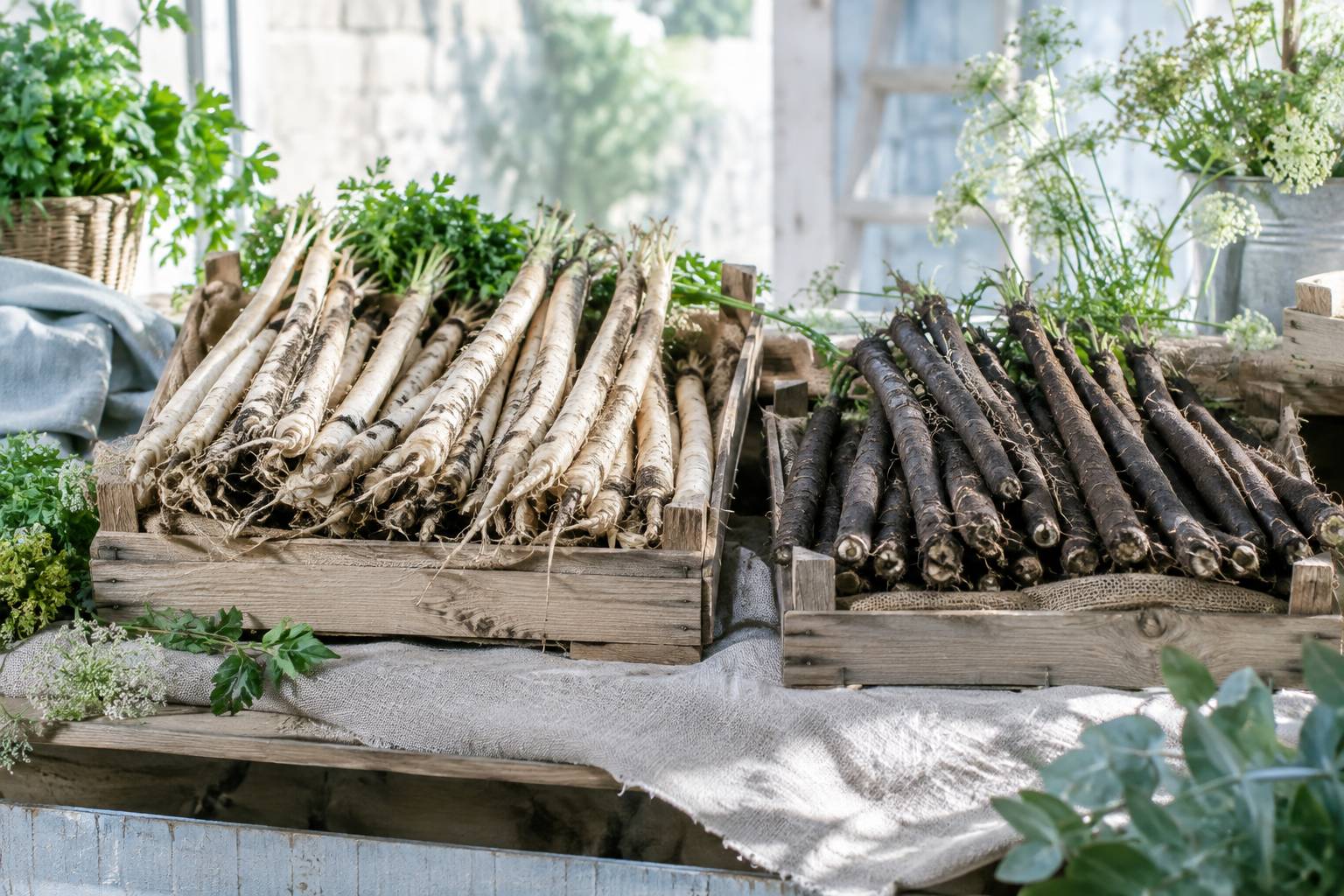 Bottes de salsifis et de scorsonère fraîches sur un étal de marché en bois