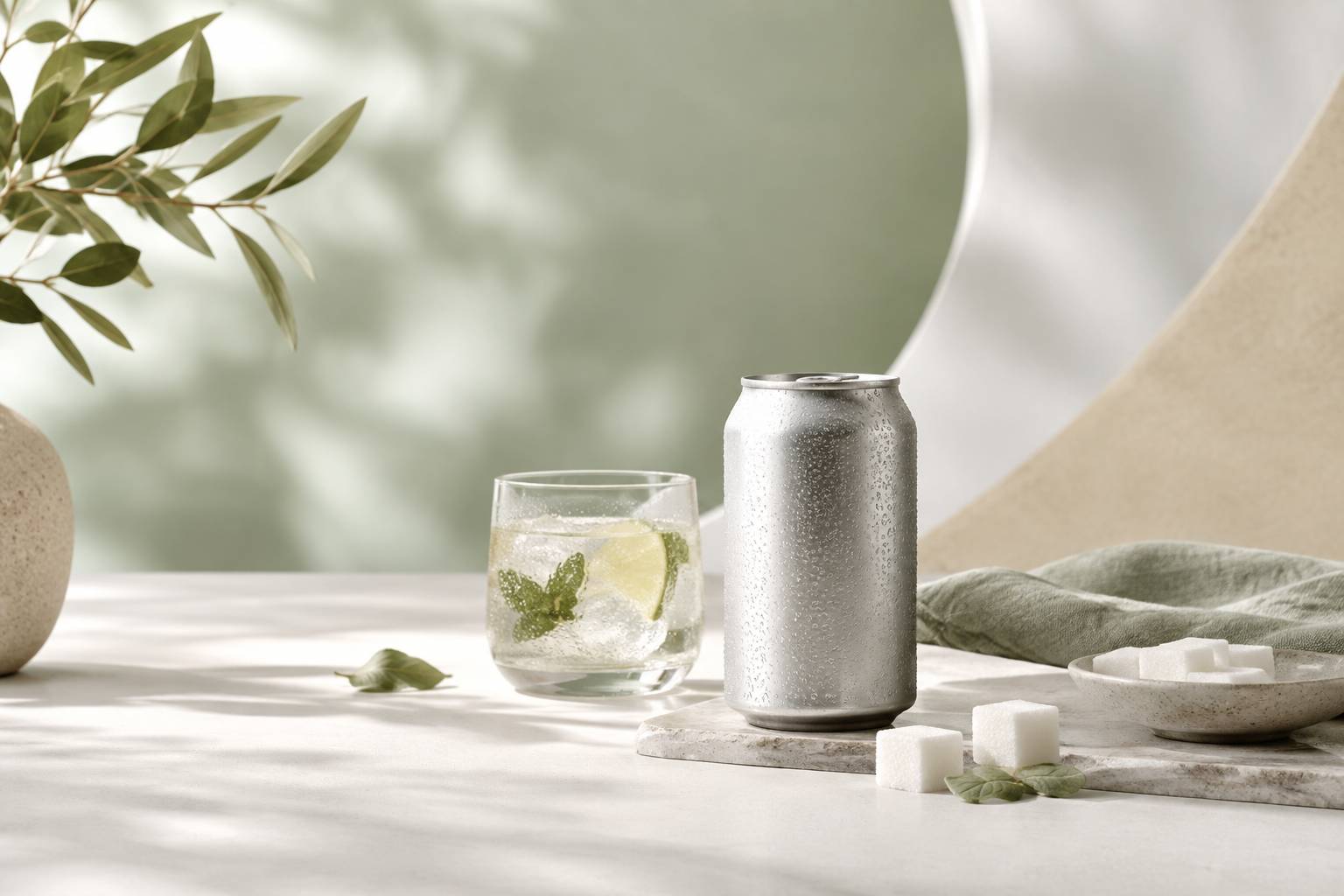 Canette generique sans marque et cubes de sucre sur une table claire