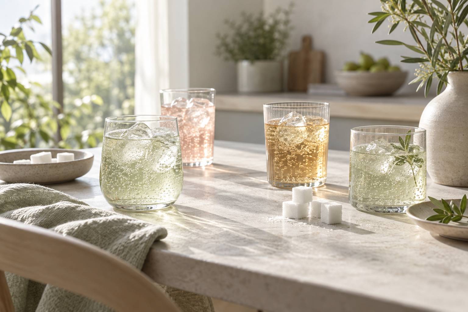 Verres de boissons gazeuses colorees et morceaux de sucre sur une table claire