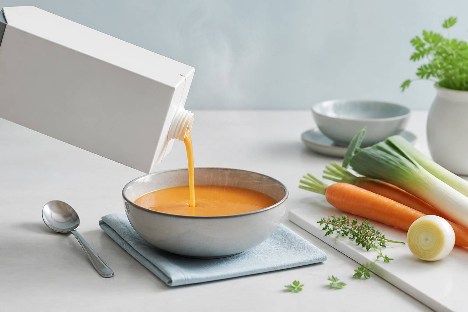 Soupe versée d'une brique neutre dans un bol en céramique avec des légumes frais