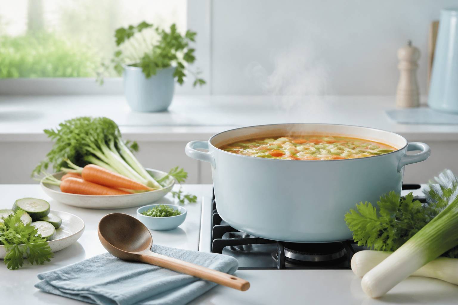 Marmite de soupe de légumes maison avec légumes frais et louche en bois