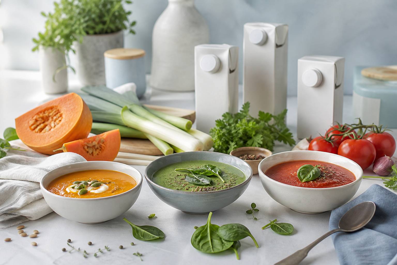 Bols de soupes de légumes colorées avec légumes frais et briques neutres sans marque