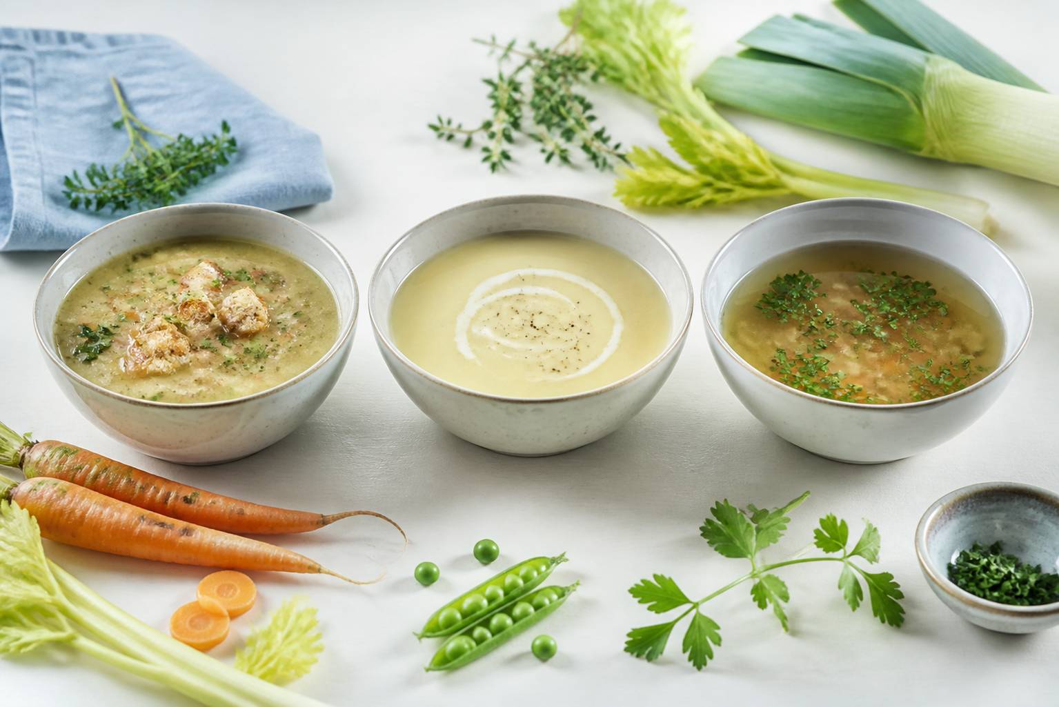 Trois bols de soupe de textures différentes alignés sur une table claire