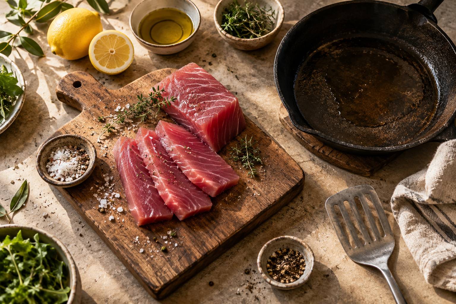 Tranches de thon cru et poele sur un plan de cuisine