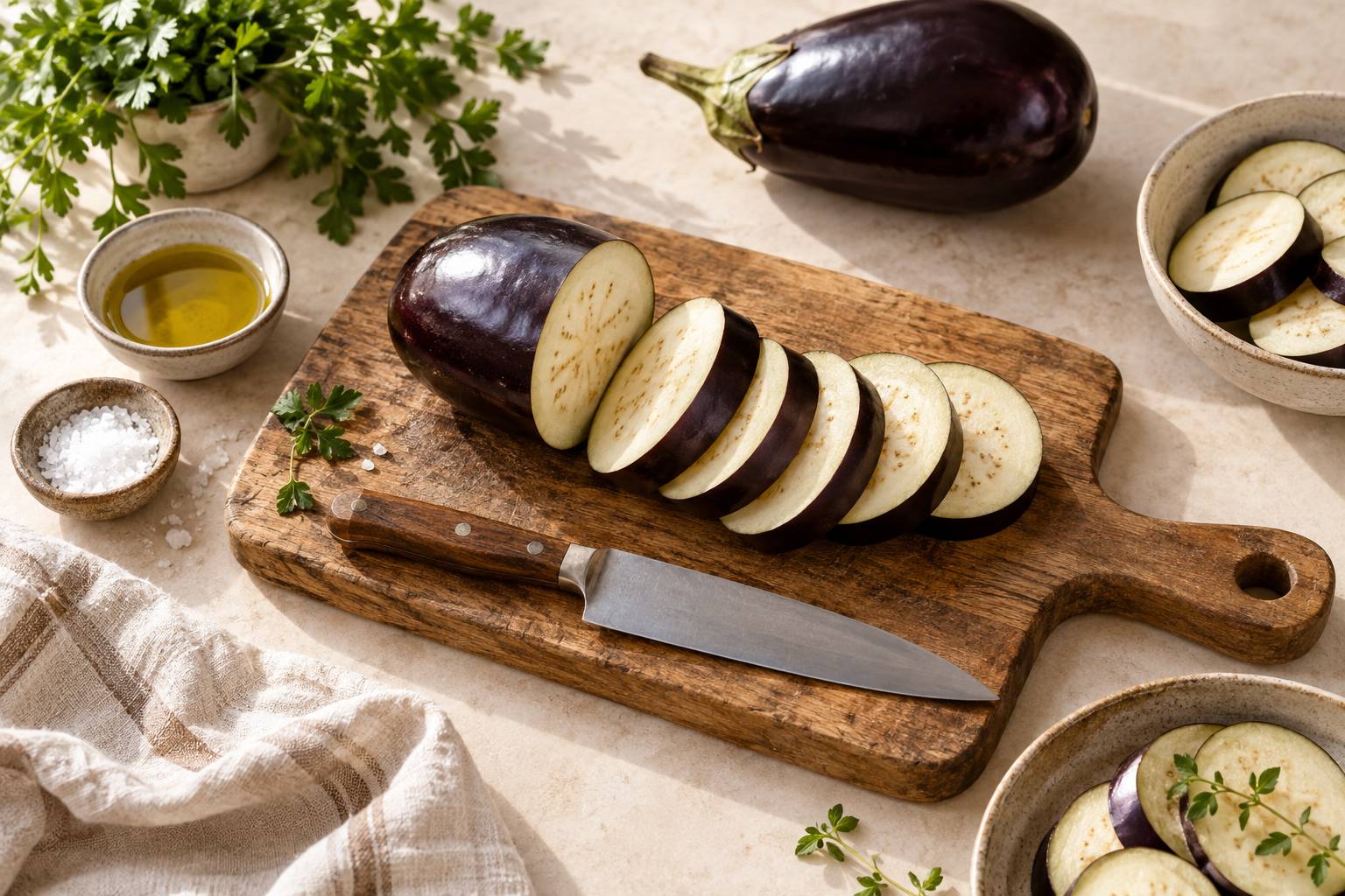 Aubergines tranchees sur une planche en bois avec couteau et huile d'olive