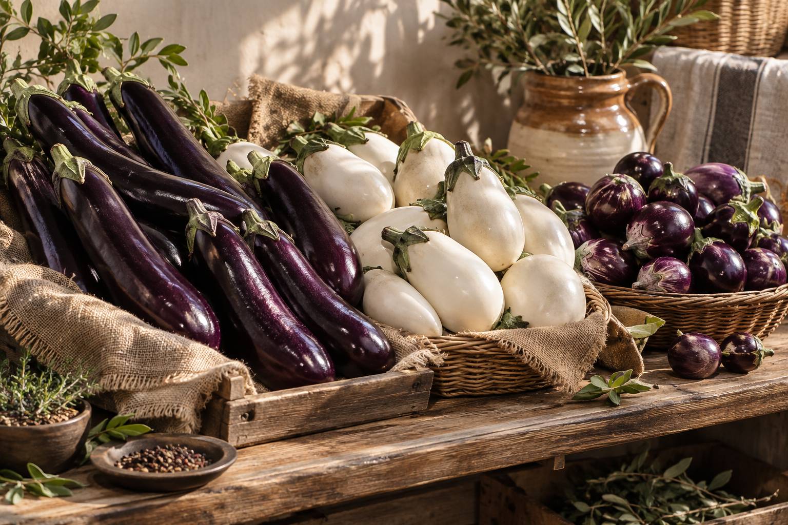 Varietes d'aubergines violettes et blanches alignees sur un etal de marche