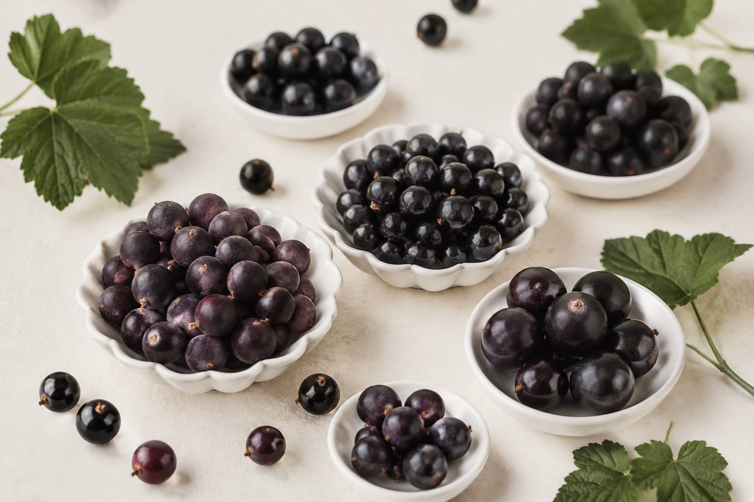 Coupelles de différentes variétés de cassis pour comparer aspect et taille des baies