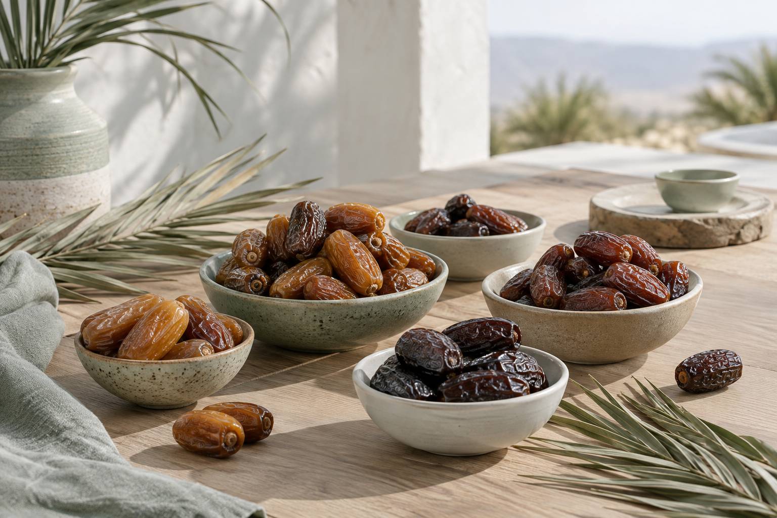 Differentes varietes de dattes dans des coupelles sur une table en bois