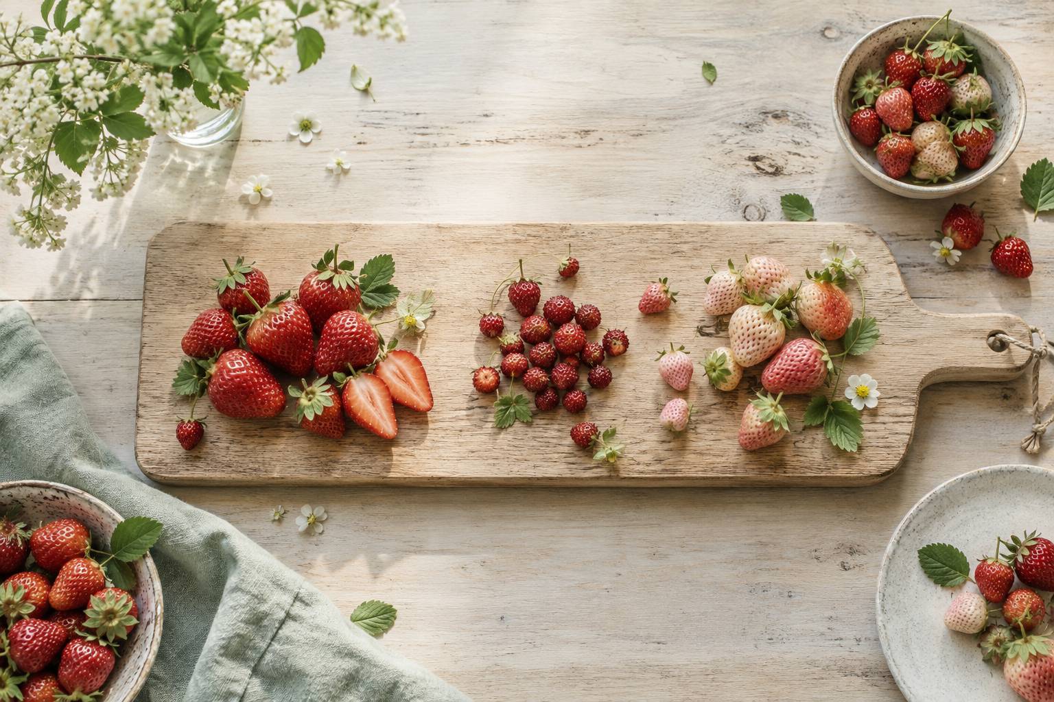 Plusieurs varietes de fraises disposees en petits tas sur une planche en bois