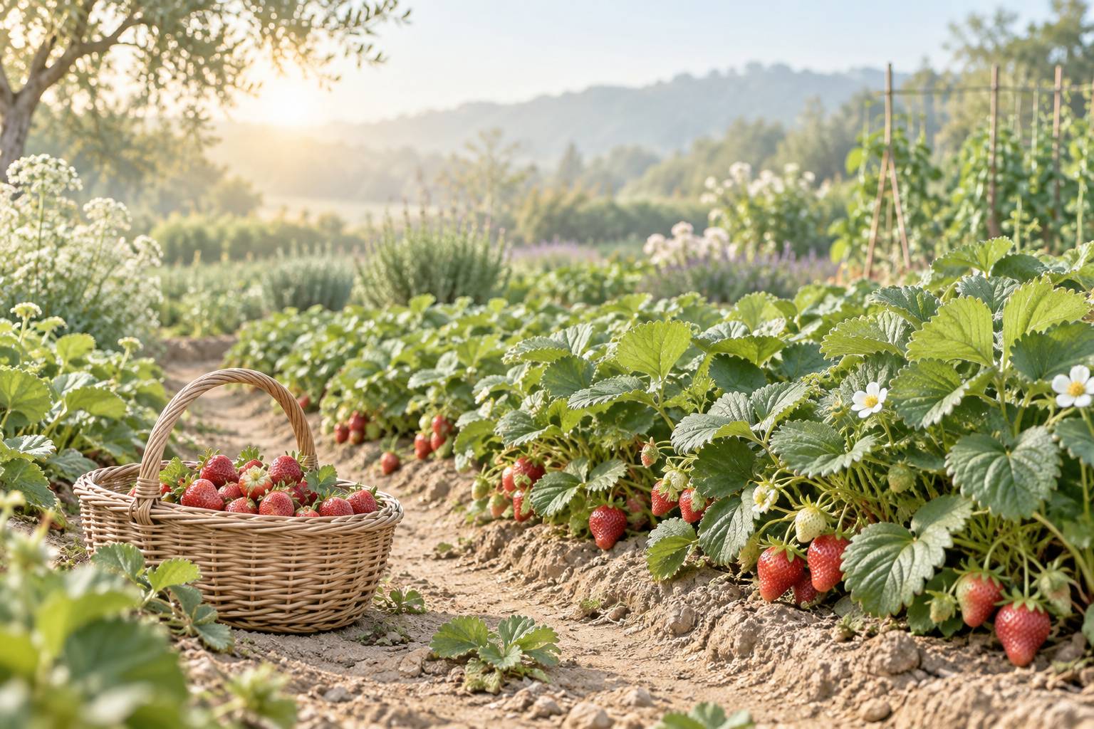 Plants de fraisiers en rangs avec fraises mures dans un potager lumineux