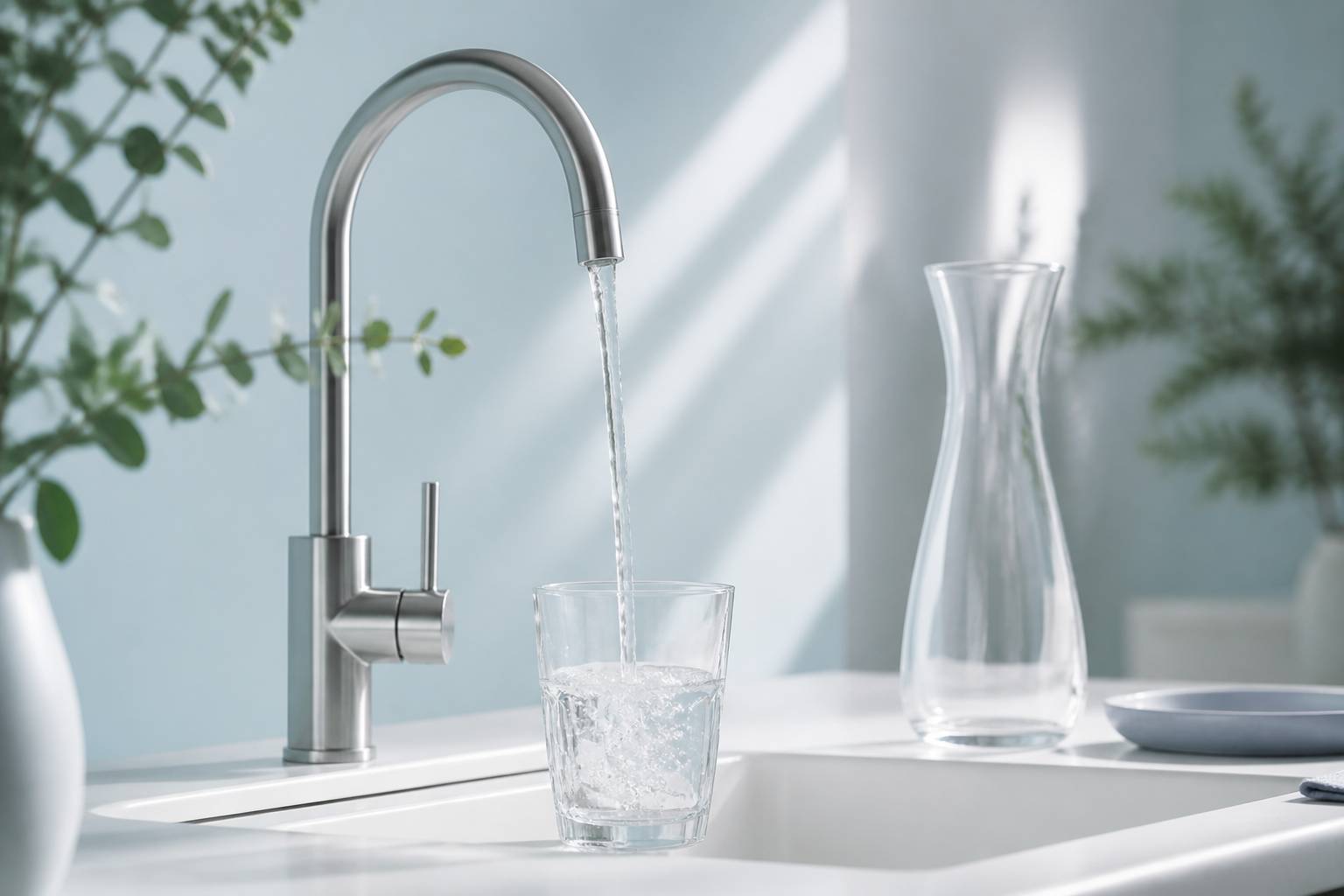 Verre d'eau rempli au robinet d'une cuisine claire avec une carafe en verre