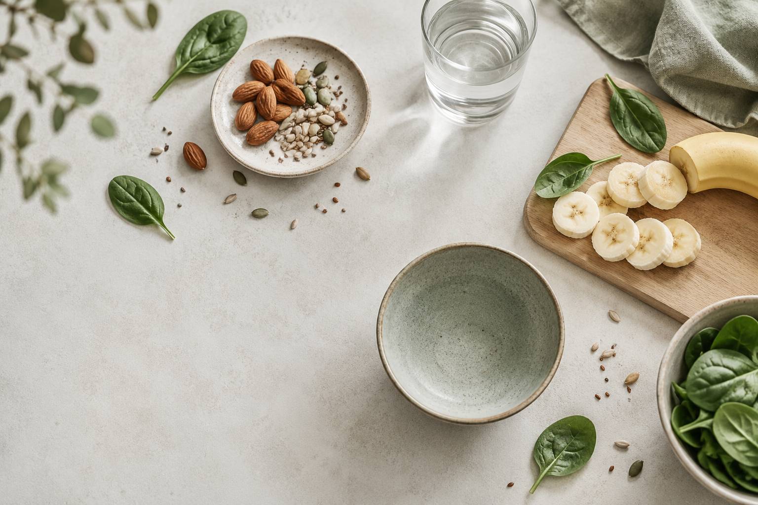 Amandes, graines et epinards frais disposes sur une planche en bois