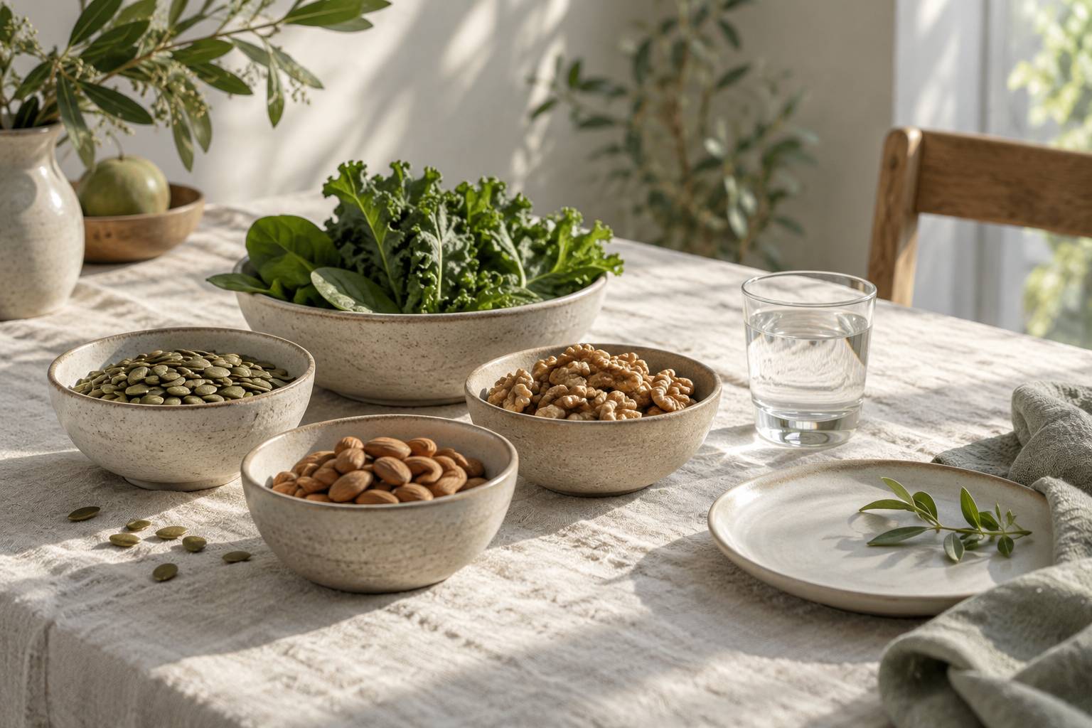 Assortiment d'aliments riches en magnesium sur une table de cuisine claire