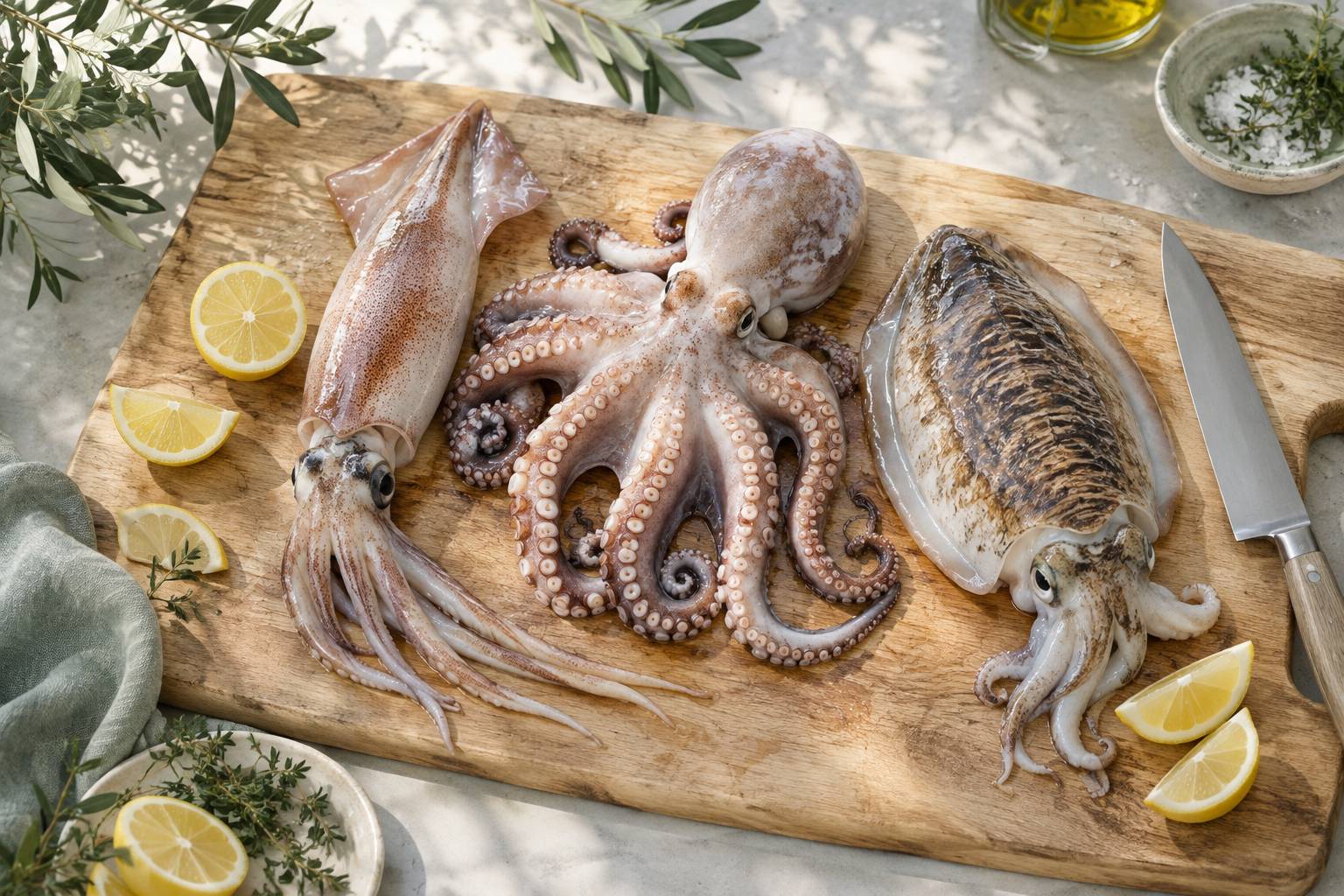 Calmar poulpe et seiche sur une planche avec couteau et citron