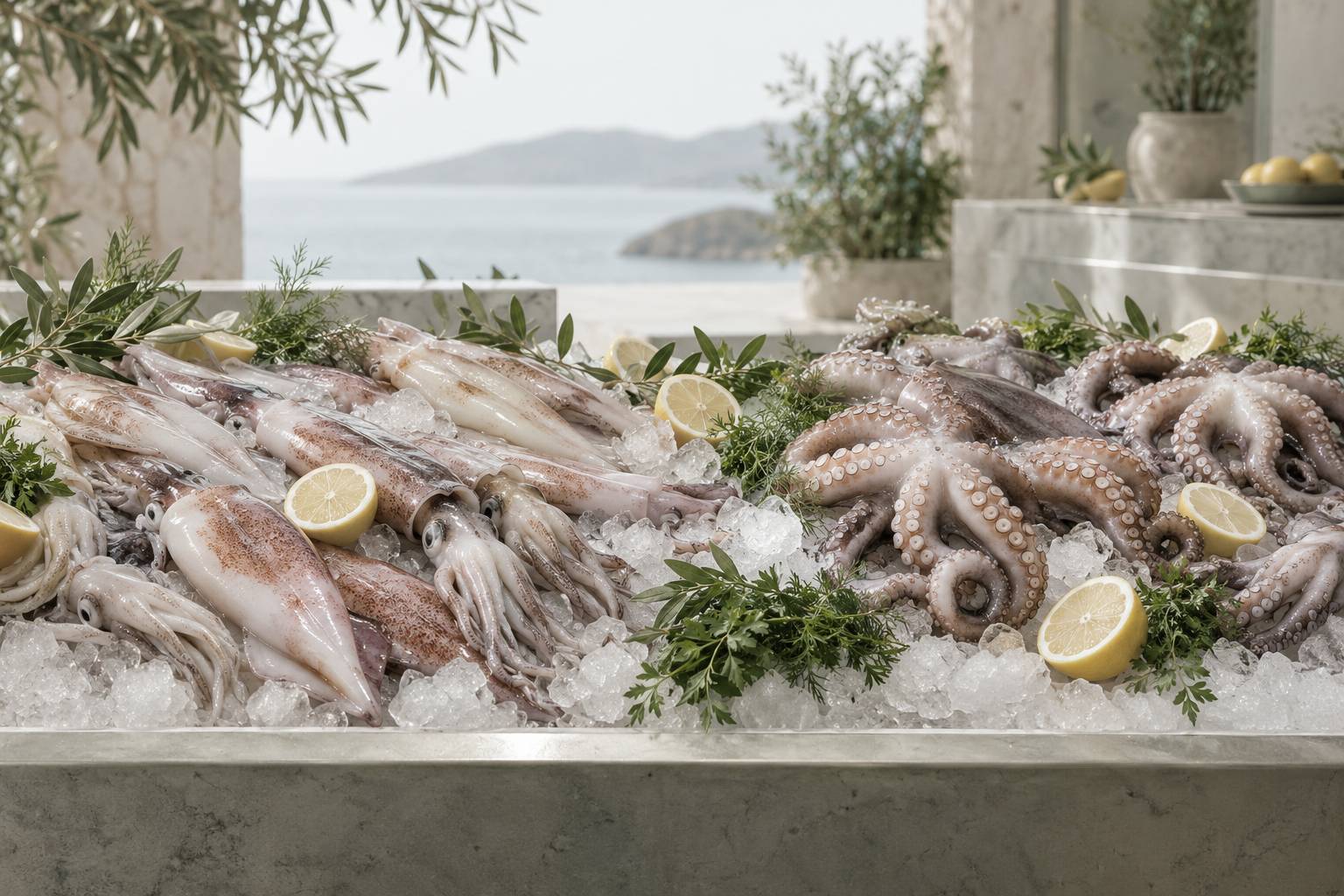 Calmars poulpes et seiches frais sur glace dans une poissonnerie