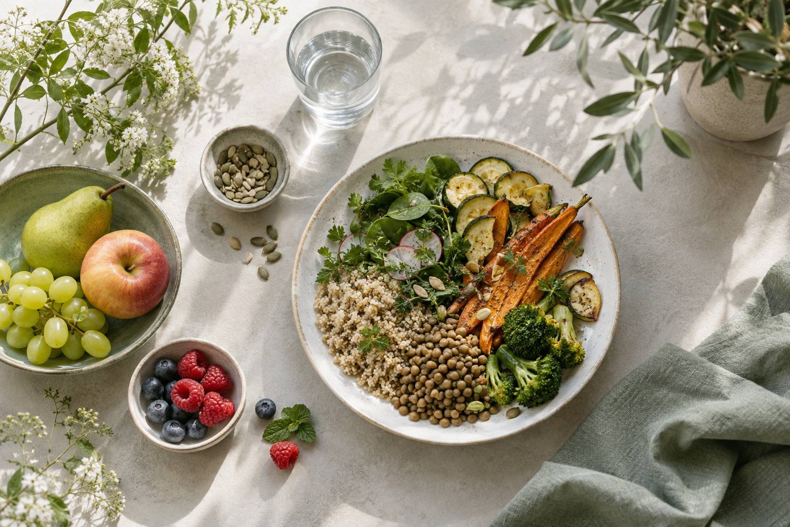 Assiette equilibree de legumes et cereales completes sur un plan de travail